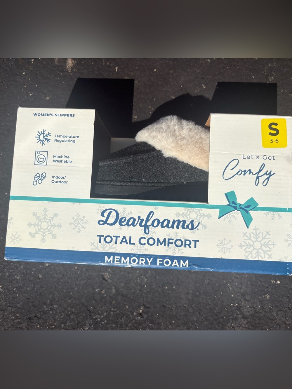 dearfoams Charcoal Slip-On Memory Foam Slippers with Cream Faux Fur